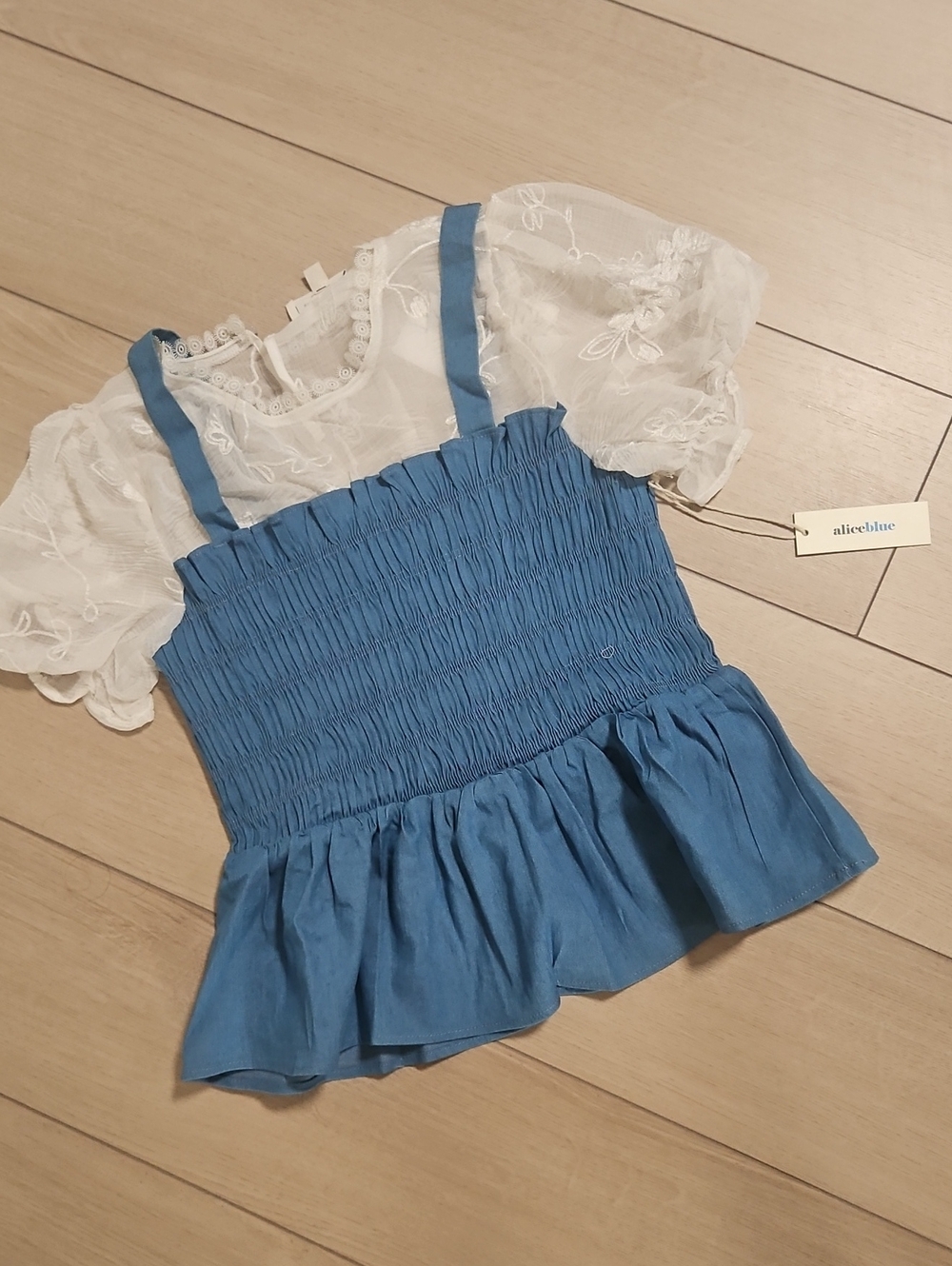 Alice Blue Blue Smocked Peplum Cami with Sheer Puff Sleeves Size Large